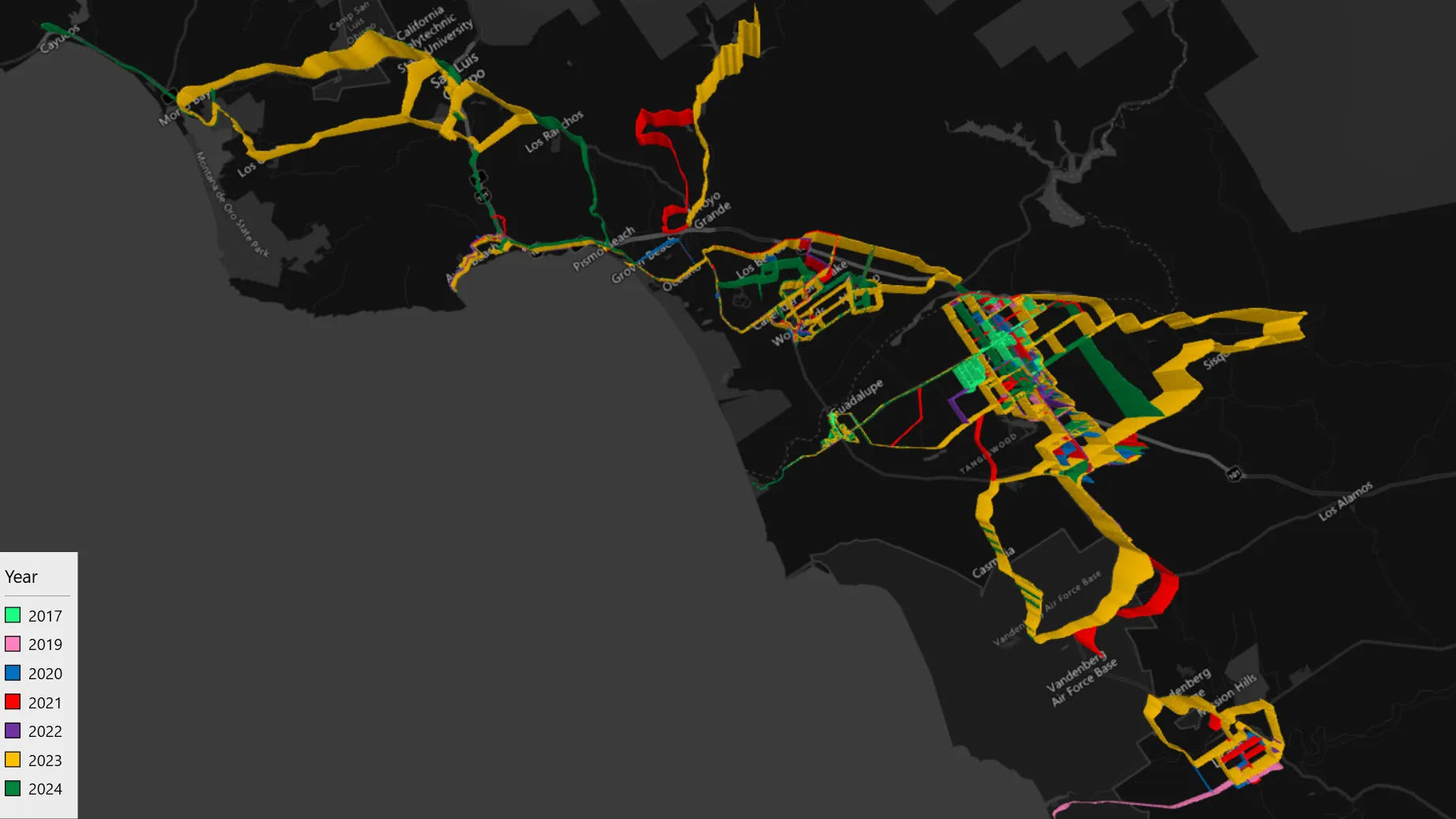 Visualization of all my 2017 - 2024 bike rides overlayed on a map of Northern Santa Barbara/Southern San Luis Obispo counties.